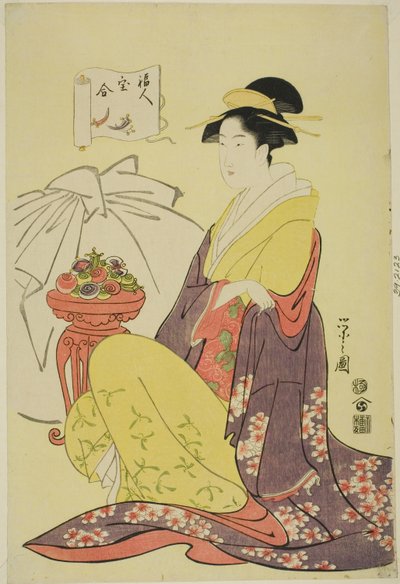 Hotei, uit de serie "Vergelijking van de Schatten van de Goden van het Geluk (Fukujin takara awase)" door Chobunsai Eishi