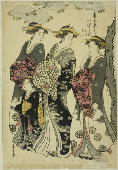 Komurasaki van de Kadotamaya met begeleiders Hatsune en Shirabe door Chobunsai Eishi