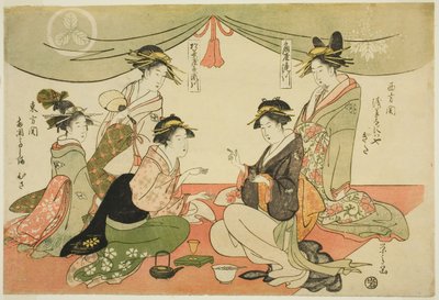 Naniwaya Okita en Takashima Ohisa spelen een spelletje ken door Chobunsai Eishi