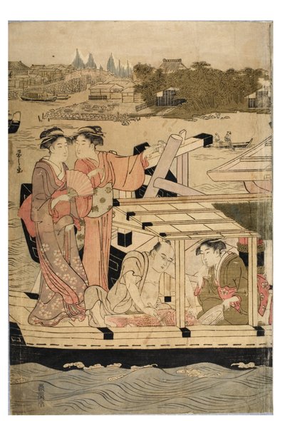 Deel van een horizontale pentaptych van Sumida Rivier scène door Chobunsai Eishi