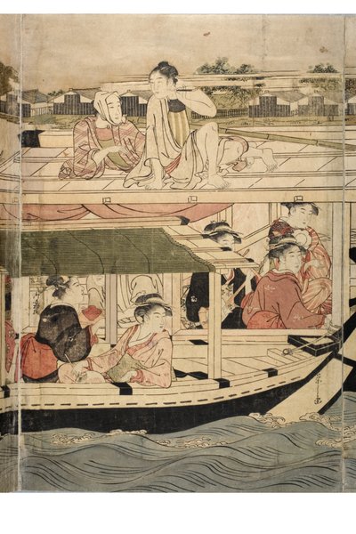 Deel van een horizontale pentaptych van Sumida Rivier scène door Chobunsai Eishi