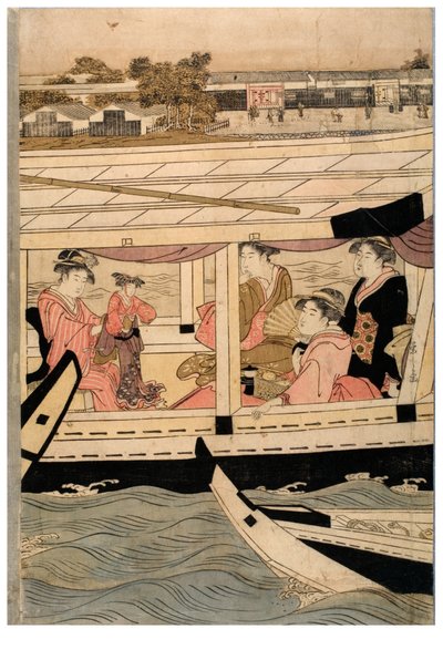 Deel van een horizontale pentaptych van Sumida Rivier scène door Chobunsai Eishi
