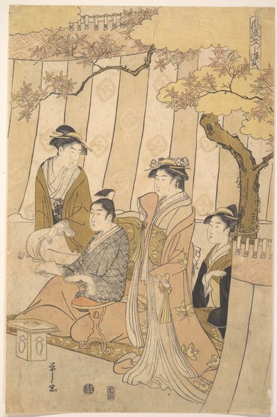Prins Genji en drie jonge vrouwen door Chobunsai Eishi