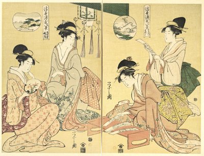 Geestenbezweerder; wilde ganzen keren naar huis terug (Maboroshi; Rakugan) (rechts) en een dunne sluier van wolken; opklarend weer (Usugumo; Seiran) (links), uit de serie Acht gezichten op Het verhaal van Genji in de vlietende wereld (Ukiyo Genji hakkei) door Chobunsai Eishi