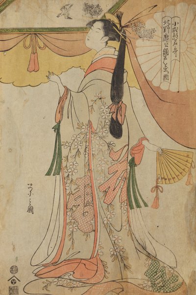 Staand meisje met een waaier, uit de serie: Lof op meisjes uit de uitgaanswijk Kitano / Kitano kaku no gaku door Chobunsai Eishi