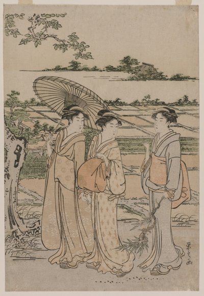 Drie vrouwen wandelen op het platteland door Chobunsai Eishi
