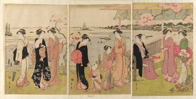 Kijken naar het schelpen verzamelen tijdens eb bij Shinagawa (Shinagawa shiohigari kenbutsu) door Chobunsai Eishi