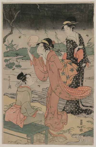 Vrouwen naast een stroom die vuurvliegjes vangen, midden jaren 1790 door Chobunsai Eishi