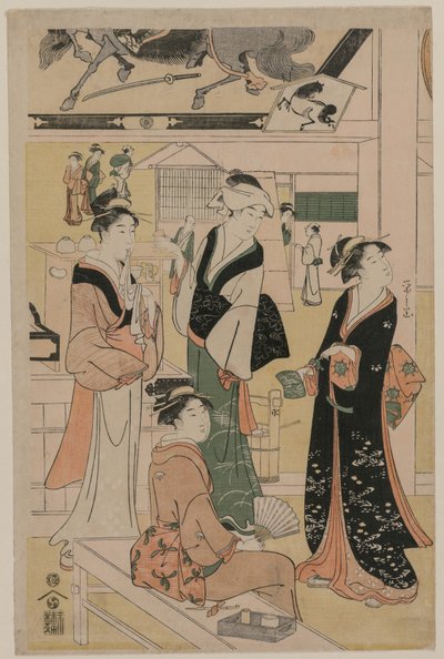 Vrouwen bezoeken een theekraam op het terrein van een tempel door Chobunsai Eishi