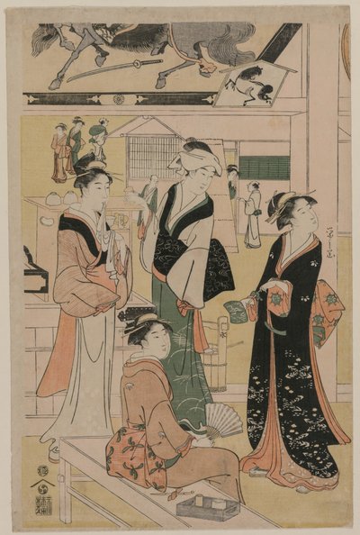 Vrouwen Bezoeken een Theekraam op het Terrein van een Tempel door Chobunsai Eishi