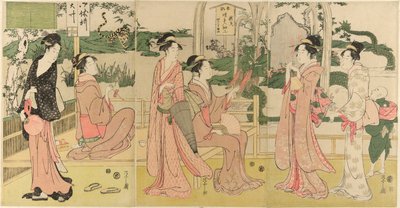 Vrouwen die naar een draak en tijger gemaakt van tabakszakjes kijken door Chobunsai Eishi