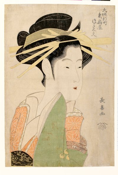 Portret van de courtisane Tsukasa Dayu van Higashi Ogiya in de Shinmachi wijk van Osaka door Choki Eishusai