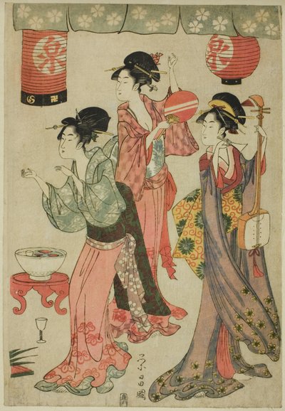 Feest in een theehuis, uit een parodie van Chushingura door Chokosai Eisho
