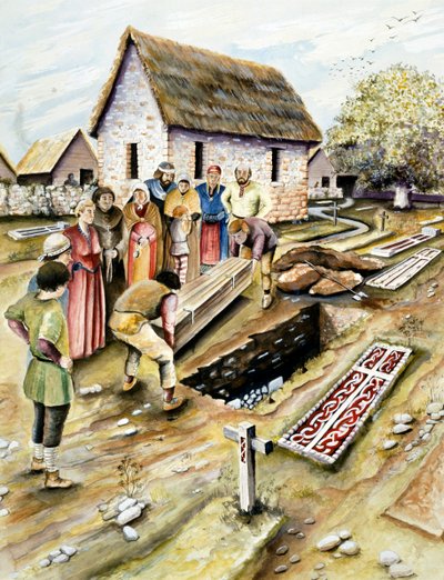Vikingbegrafenis in een kerkhof, York, Yorkshire, 10e eeuw ca. 2000 door Chris Evans