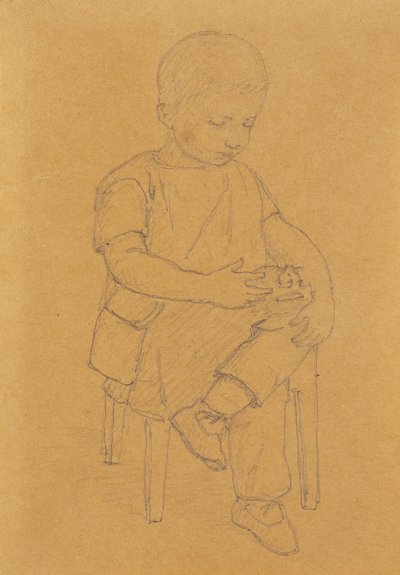 De zoon van de kunstenaar Peter, hele figuur, zittend met een dier of een stuk speelgoed door Christen Købke