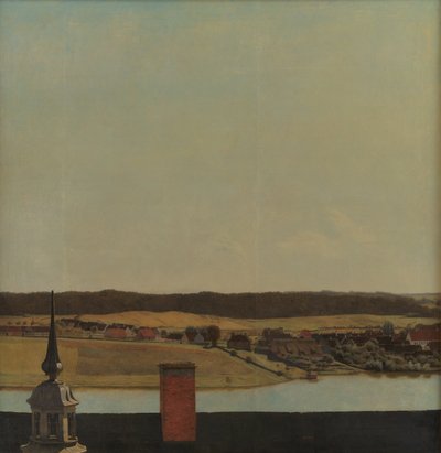 Dakrand van Frederiksborg Kasteel met Uitzicht op Meer, Stad en Bos door Christen Købke