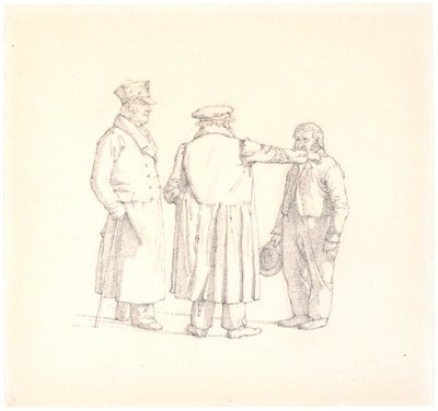 Drie personen in gesprek; met de rug naar ons toe bakker Kjøbke, links majoor Krohn en rechts slavensergeant Sprøch door Christen Købke