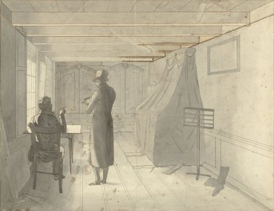 Interieur met twee mannen waaronder een tekenaar door Christiaan Andriessen