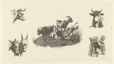 Drie geiten met aan weerzijden koeienkoppen en ezelskoppen door Christiaan Godfried Schutze van Houten