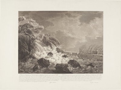 Gezicht der dijkbreuk en overstrooming te Bemmel bij Nijmegen op 21 februari 1799 door Christiaan Josi