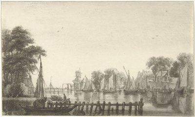 Riviergezicht met zeilschepen door Christiaan Josi