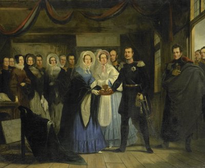 De Prinses van Oranje ontvangt Alexander II (1818-1881), Grootvorst en Troonopvolger van Rusland, in het Huis van Tsaar Peter in Zaandam, 17 april 1839 door Christiaan Julius Lodewijk Portman