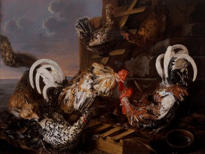 Een boerenerf met een vos die kippen aanvalt door Christiaan Luykx or Luycks