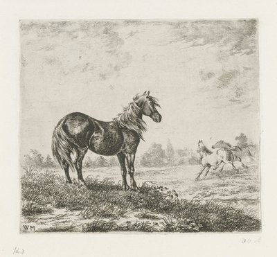Landschap met drie paarden door Christiaan Wilhelmus Moorrees