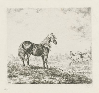Landschap met drie paarden door Christiaan Wilhelmus Moorrees