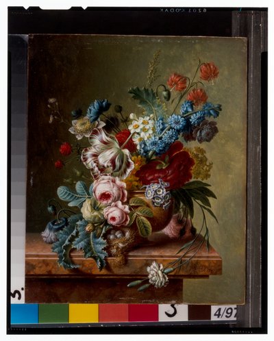 Een vaas met bloemen op een marmeren rand & Een mand met bloemen met een distelvink door Christiaan van Pol