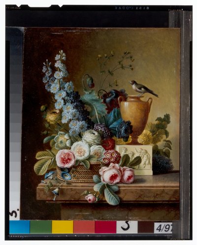 Een vaas met bloemen op een marmeren richel & een mand met bloemen met een distelvink door Christiaan van Pol