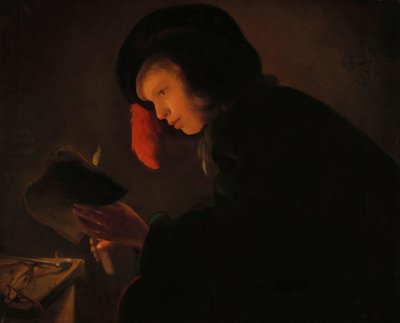 Jonge man bij kaarslicht door Christiaen Jansz. Dusart