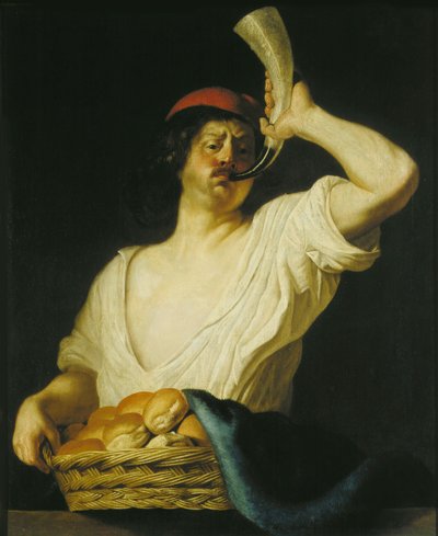 Een bakker die op zijn hoorn blaast door Christiaen van Couwenbergh
