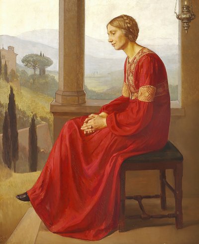 Een vrouw in een rode jurk zittend op een terras in een Italiaans landschap door Christian Bang