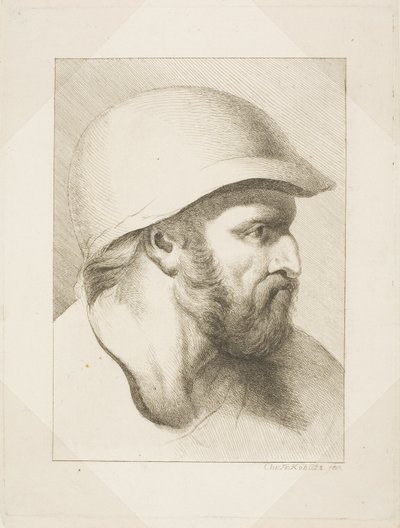Baardmannelijk hoofd met stalen helm door Christian Frederick Köhlitz