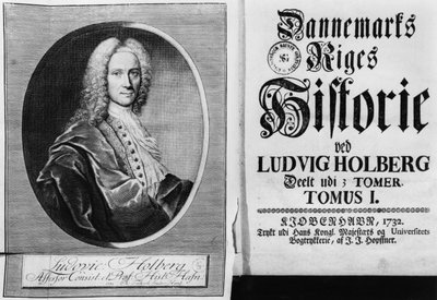 Baron Ludvig Holberg en de titelpagina van deel I van zijn Geschiedenis van Denemarken, gepubliceerd in Kopenhagen, 1732 door Christian Friedrich Fritzsch