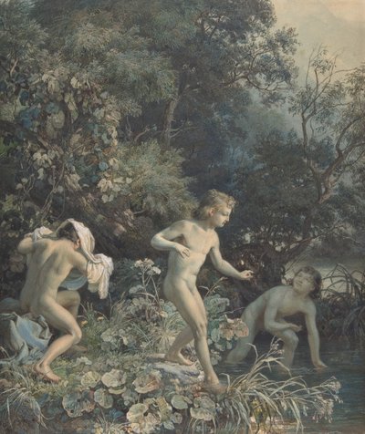 Rivieroever met Drie Badende Jongens, 19e eeuw. door Christian Friedrich Gille