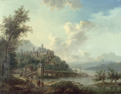 Een Rijnlands Uitzicht met een Brug en Figuren op de voorgrond en een Versterkte Stad op een Heuvel daarachter door Christian Georg II Schutz or Schuz