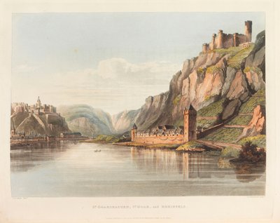 St. Goarshausen, St. Goar en Rheinfels. Uit: Een schilderachtige tour langs de Rijn, 1820 door Christian Georg Schütz the Younger