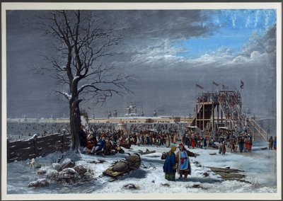 De achtbanen aan de Neva bij het Smolny-klooster in Sint-Petersburg door Christian Gottfried Geissler