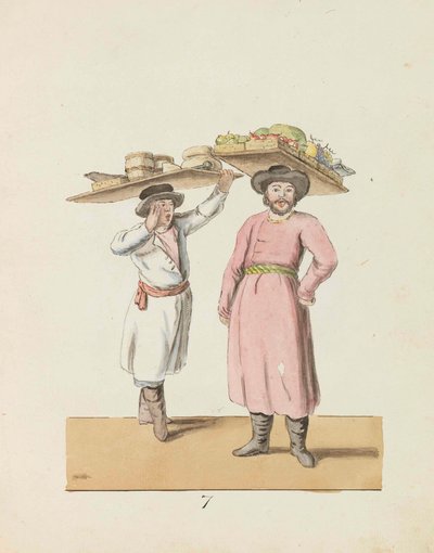Fruithandelaar en boer die kaas en haring verkopen Uit de serie De St. Petersburg..., 1799 door Christian Gottfried Heinrich Geissler