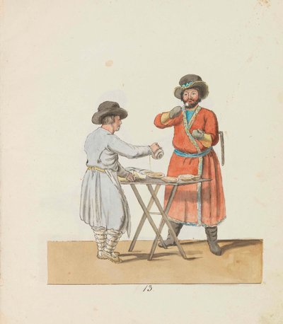 Kisselverkoper en landgoedkoetsier uit de serie De straatventers van Sint-Petersburg, 1799 door Christian Gottfried Heinrich Geissler