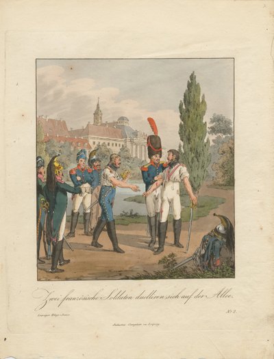 Twee Franse soldaten vechten een duel uit op een laan door Christian Gottfried Heinrich Geissler