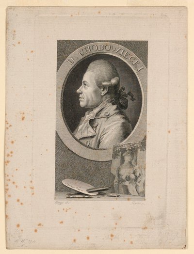 Portret van Daniele Chodoiecki, Frontispice voor "Neue Bibliotheh der schönen Wissenschaften," Leipzig, Duitsland, 1780 door Christian Gottlieb Geyser