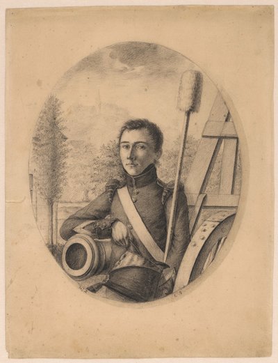 Portret van een jonge militair, kepi in de rechterhand, steunend op een kanonsloop (zelfportret?) door Christian Heinrich Gottlieb Steuerwald