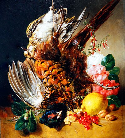 Een Stilleven met Fruit, Bloemen en Wild door Christian Huygens