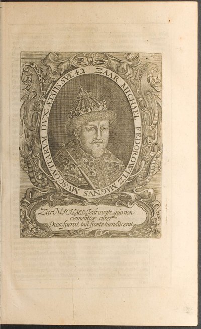 Portret van tsaar Michail I Fyodorovich Illustratie uit Reizen naar de Grote Hertog van Moskou door Christian Lorenzen Rothgiesser