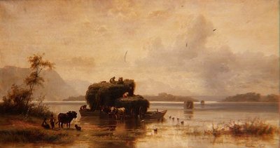 Een meerlandschap met boeren en hooiboten door Christian Mali