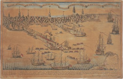 Een uitzicht op een deel van de stad Boston in New England en Britse oorlogsschepen die hun troepen landen! door Christian Remick