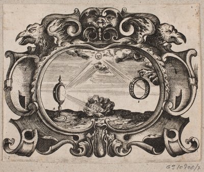 Embleem met zonnestralen door een ring en door een brandglas, zodat er een vuur wordt aangestoken door Christian Rothgiesser